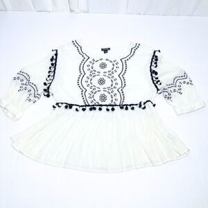 Women's White & Black Blouse Western, Modern, Boho Embroidered Top Size XS.